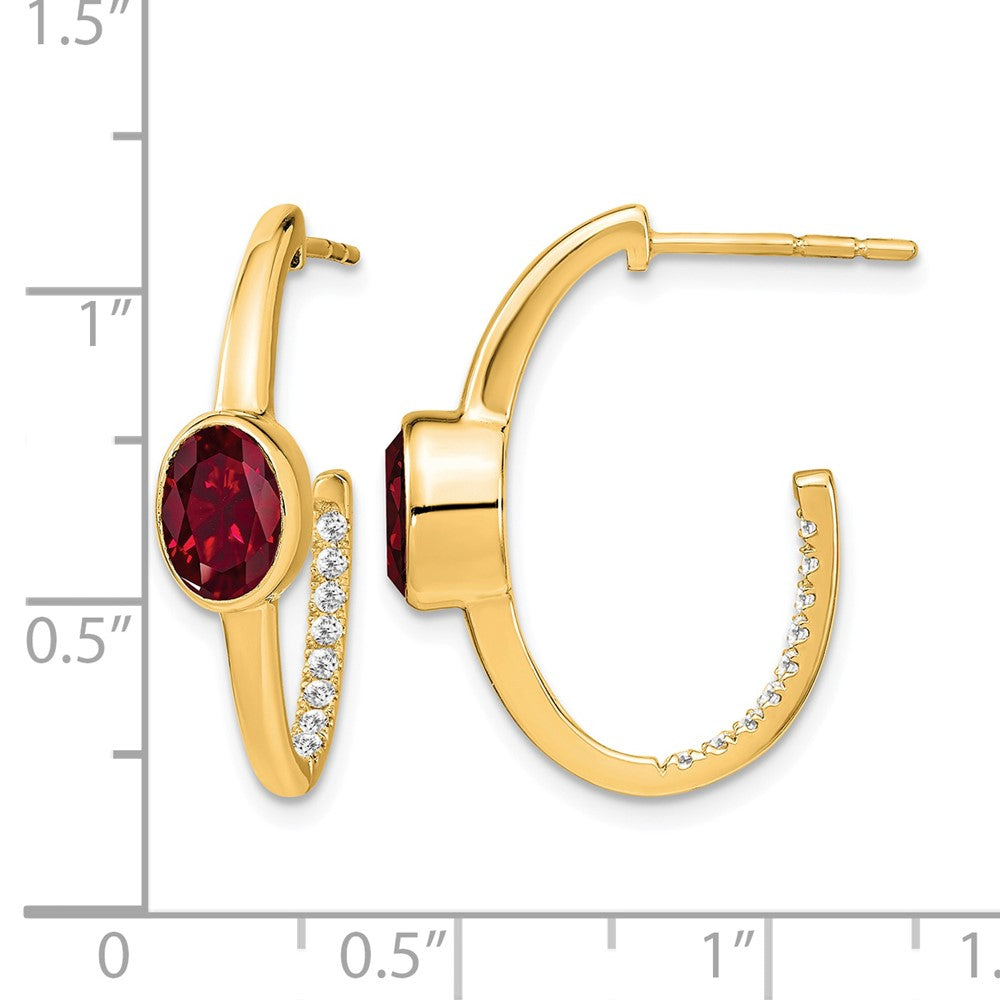 14k Oval Created Ruby and Diamond J-Hoop Earrings