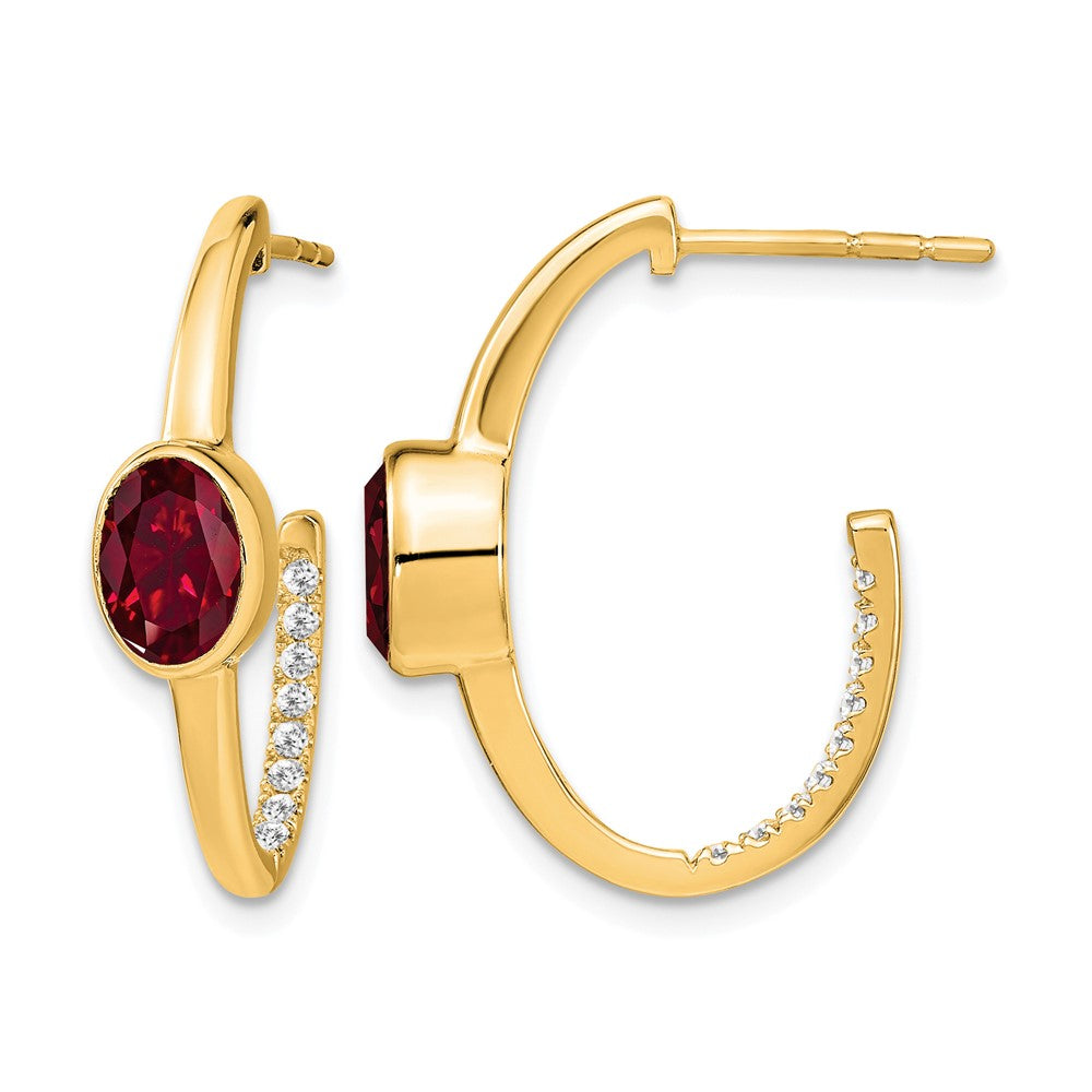 14k Oval Created Ruby and Diamond J-Hoop Earrings