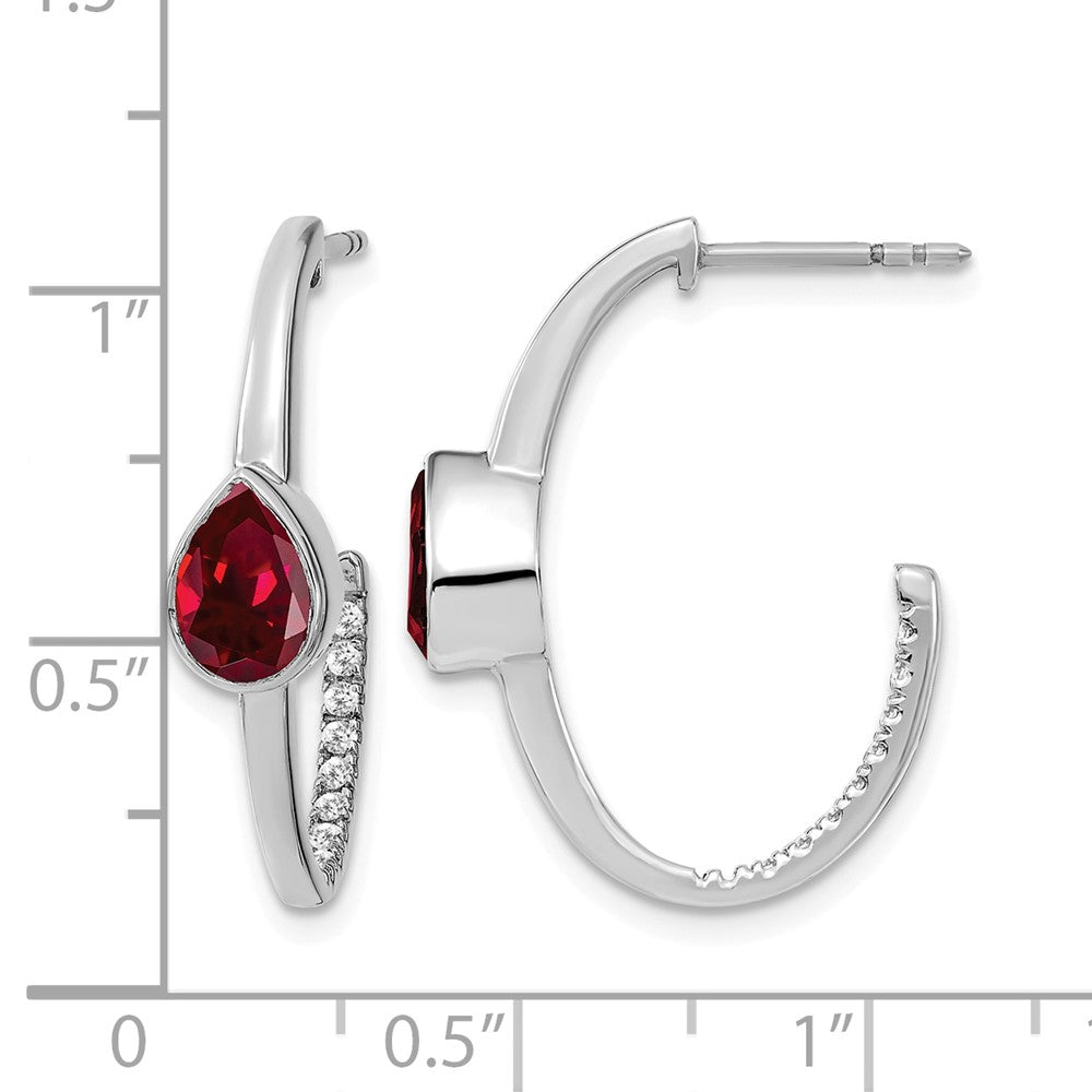 14k White Gold Pear Created Ruby and Diamond J-Hoop Earrings