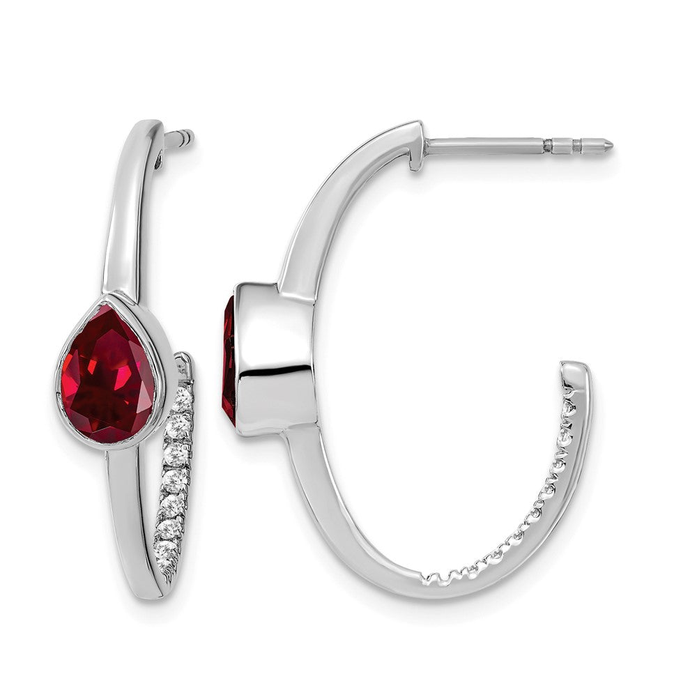 14k White Gold Pear Created Ruby and Diamond J-Hoop Earrings