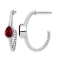 14k White Gold Pear Created Ruby and Diamond J-Hoop Earrings