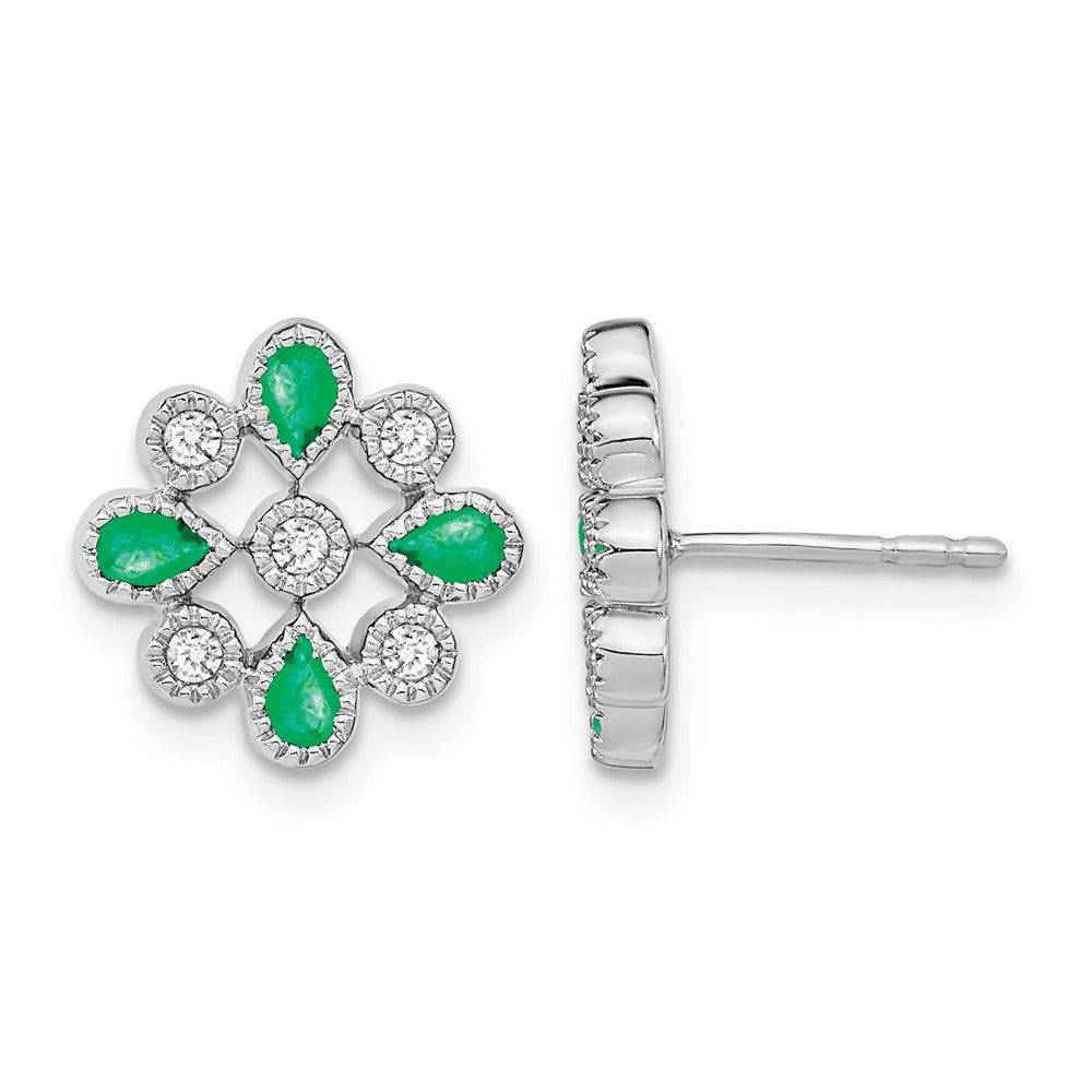 14k White Gold Emerald and Diamond Post Earrings