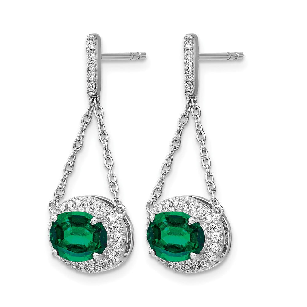 14k White Gold Oval Created Emerald and Diamond Dangle Earrings