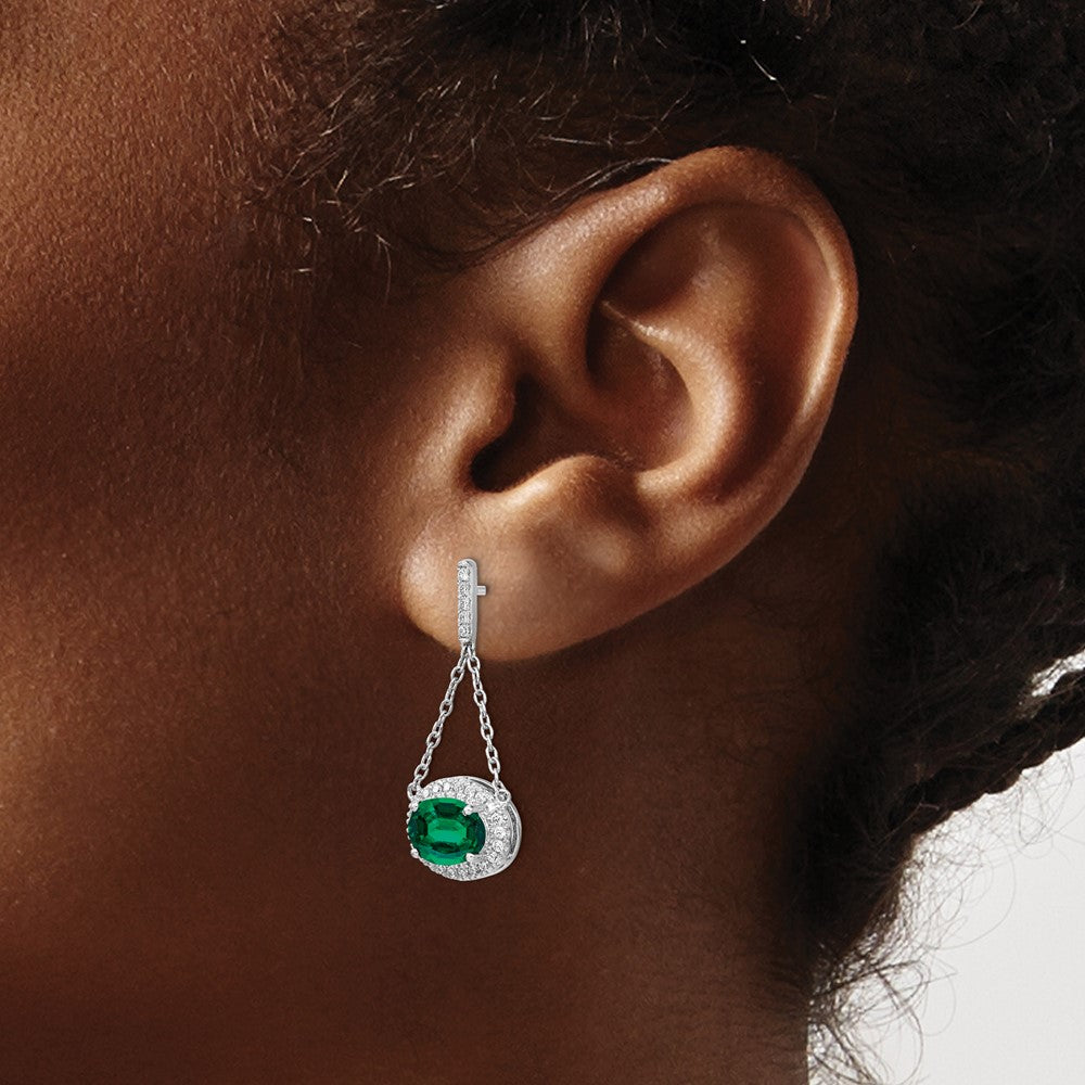 14k White Gold Oval Created Emerald and Diamond Dangle Earrings