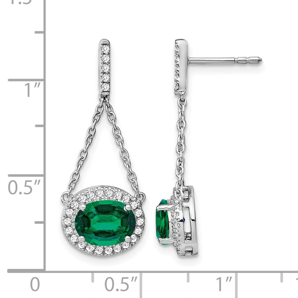 14k White Gold Oval Created Emerald and Diamond Dangle Earrings