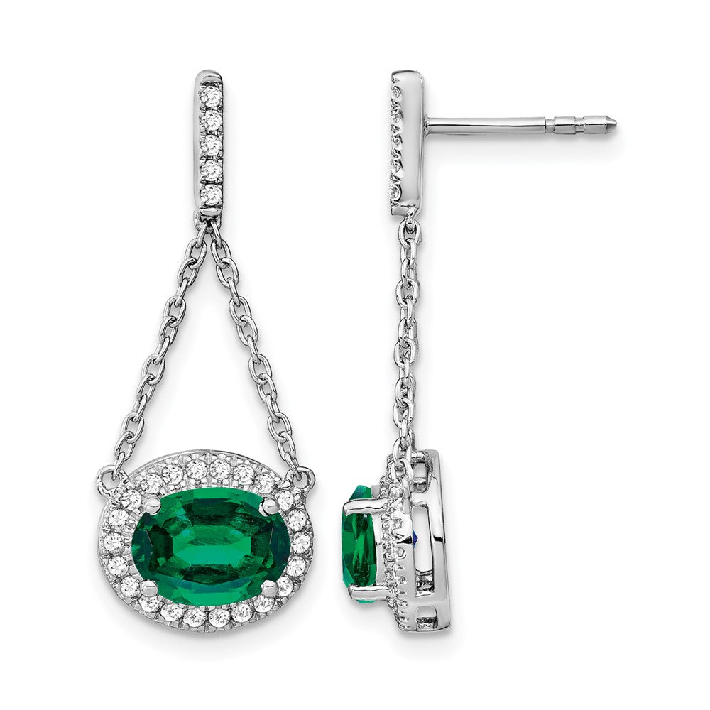 14k White Gold Oval Created Emerald and Diamond Dangle Earrings