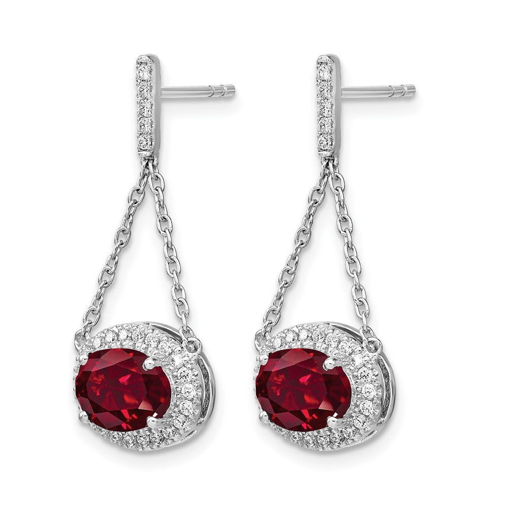 14k White Gold Oval Created Ruby and Diamond Dangle Earrings