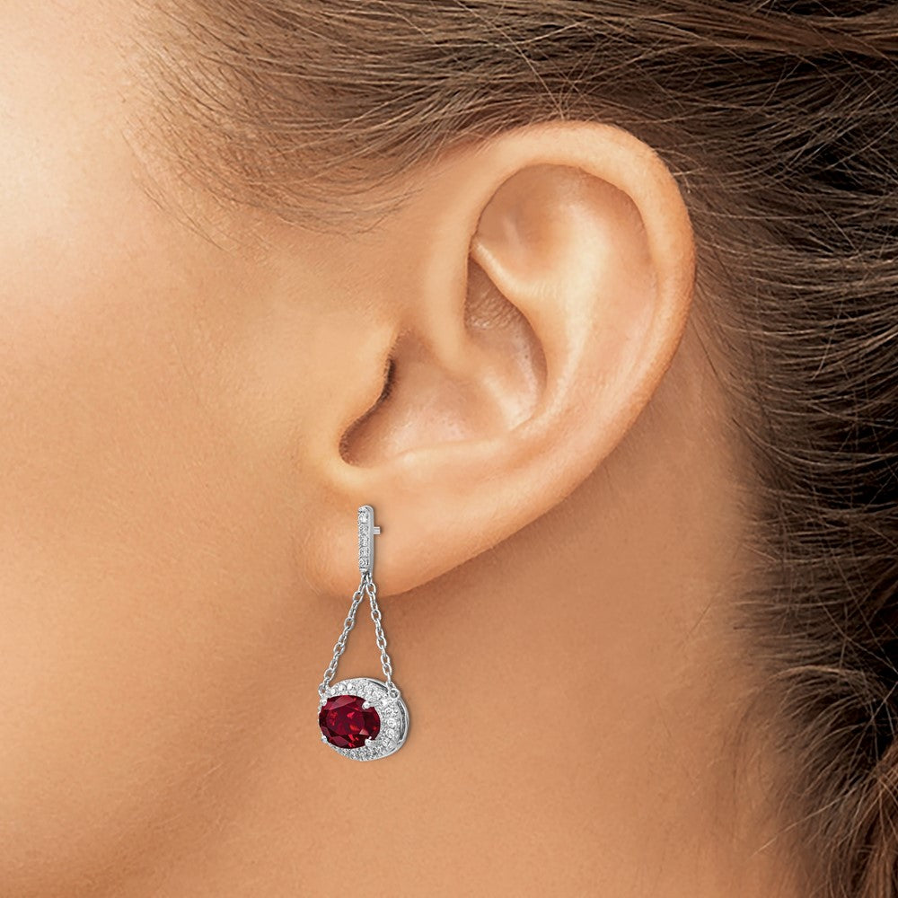 14k White Gold Oval Created Ruby and Diamond Dangle Earrings