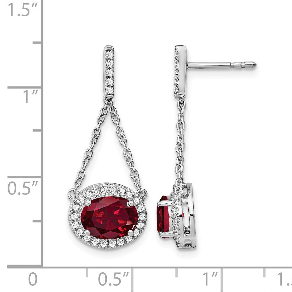 14k White Gold Oval Created Ruby and Diamond Dangle Earrings