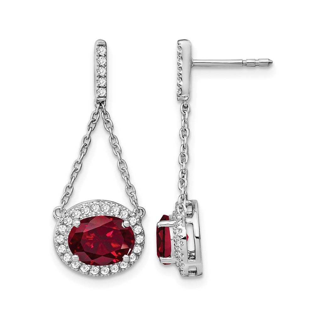 14k White Gold Oval Created Ruby and Diamond Dangle Earrings