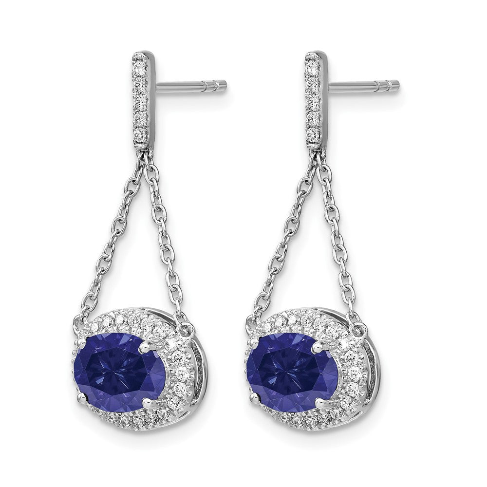 14k White Gold Oval Created Sapphire and Diamond Dangle Earrings