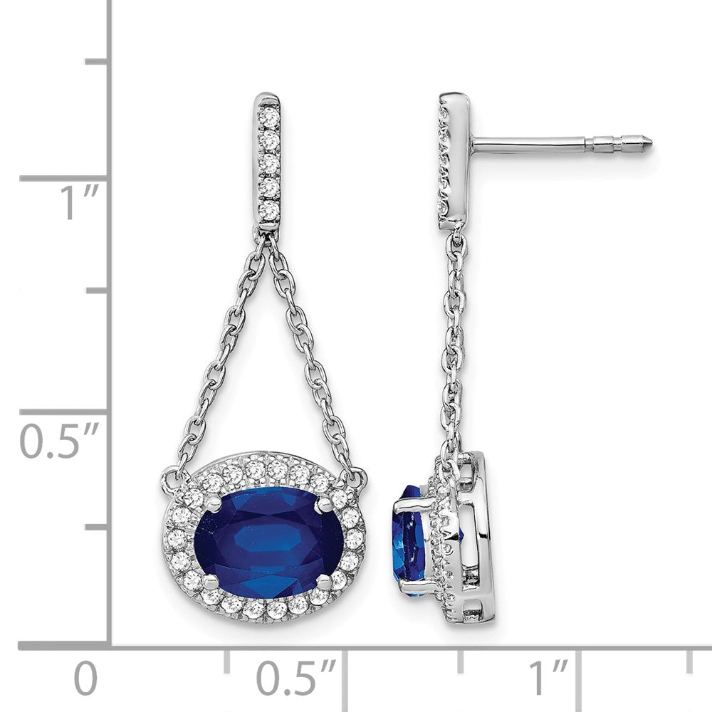 14k White Gold Oval Created Sapphire and Diamond Dangle Earrings