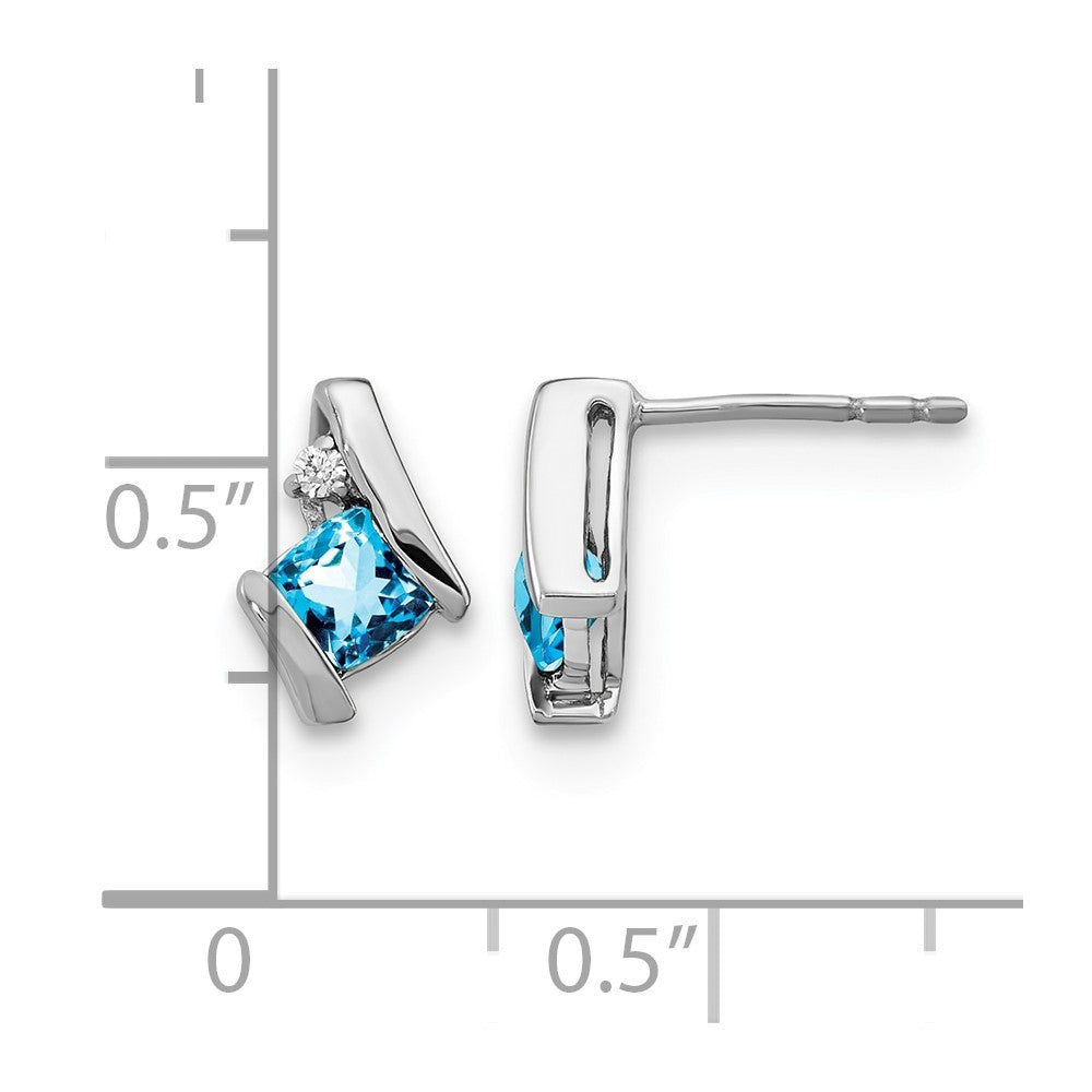 10k White Gold Cushion Blue Topaz and Diamond Earrings