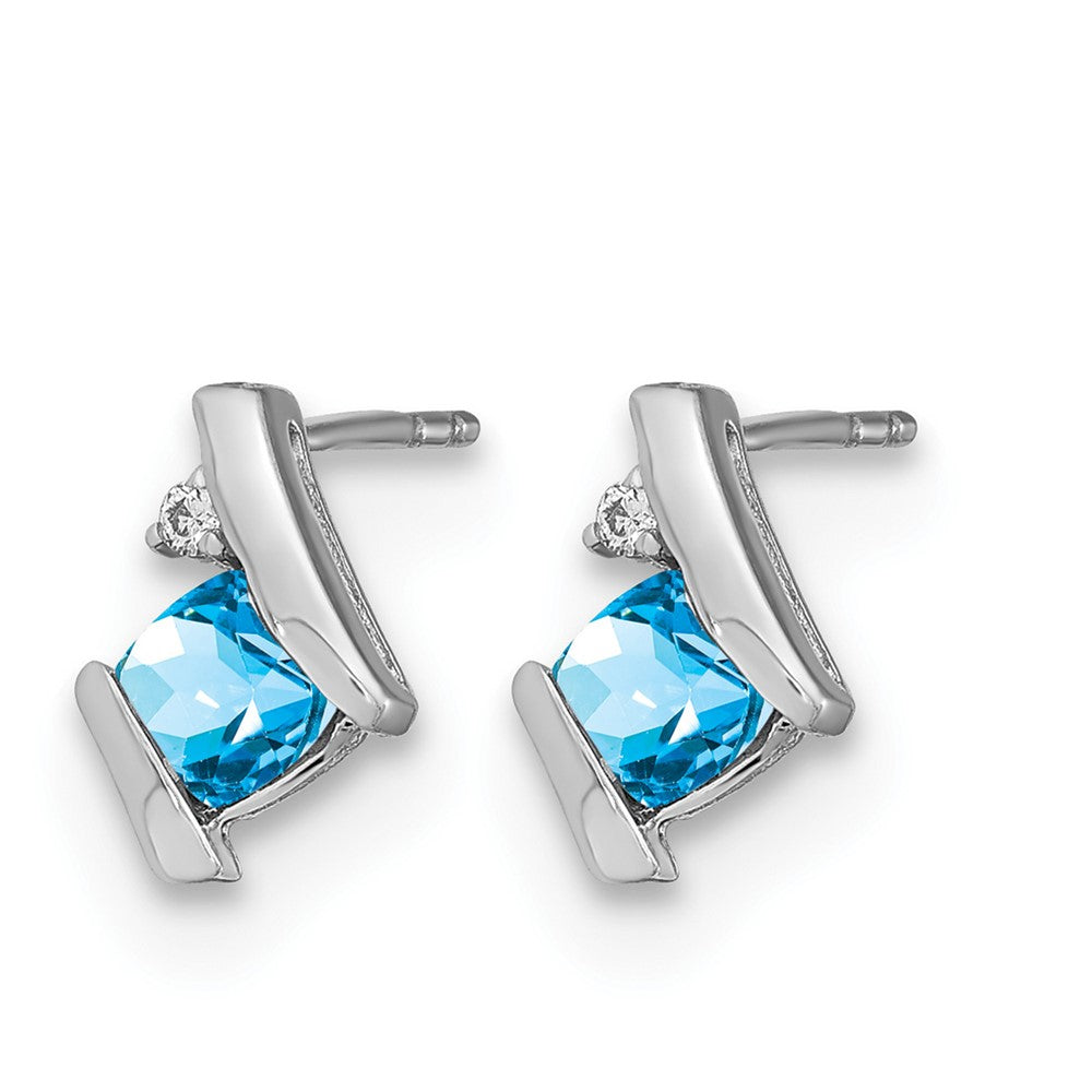 14K White Gold Cushion Blue Topaz and Diamond Earrings