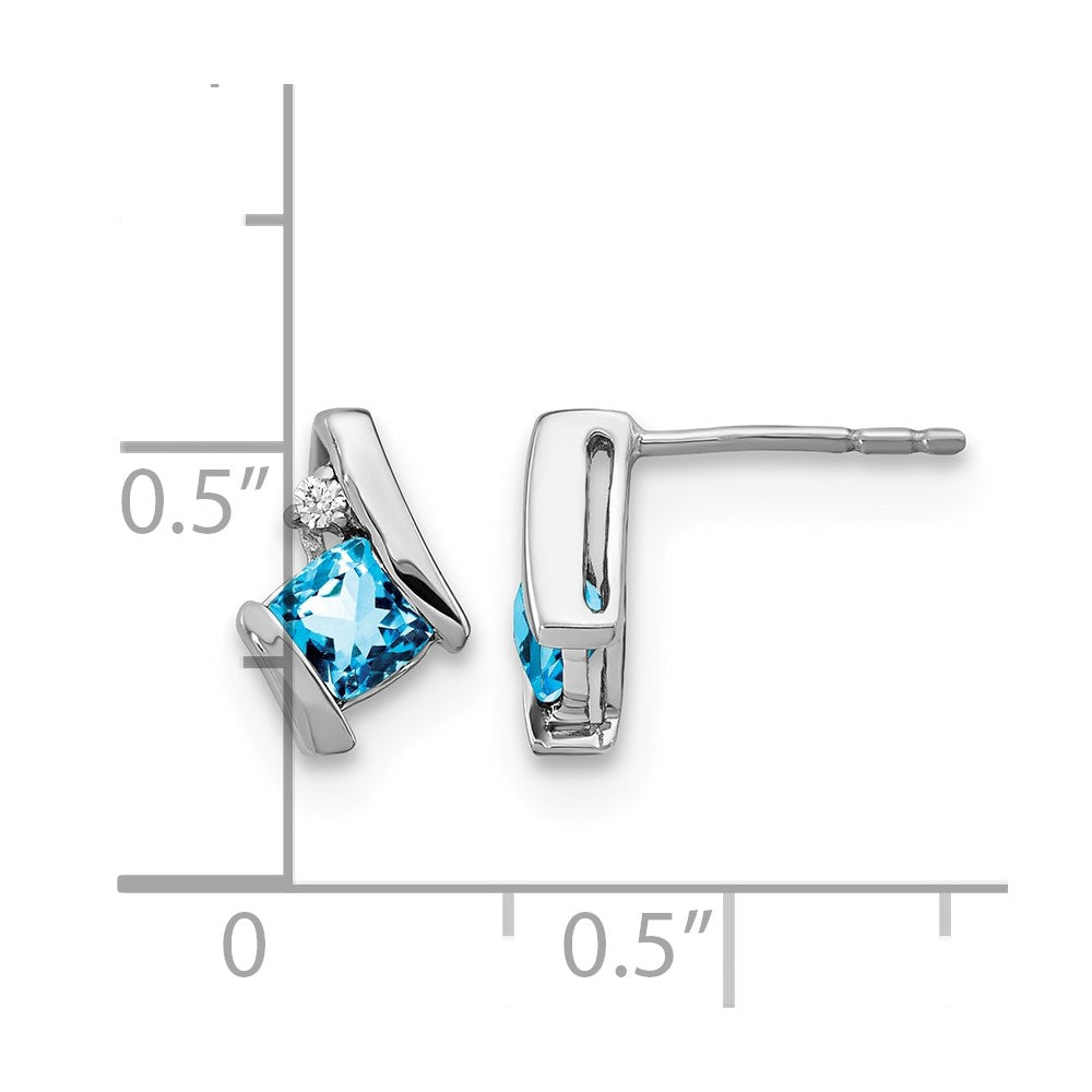 14K White Gold Cushion Blue Topaz and Diamond Earrings
