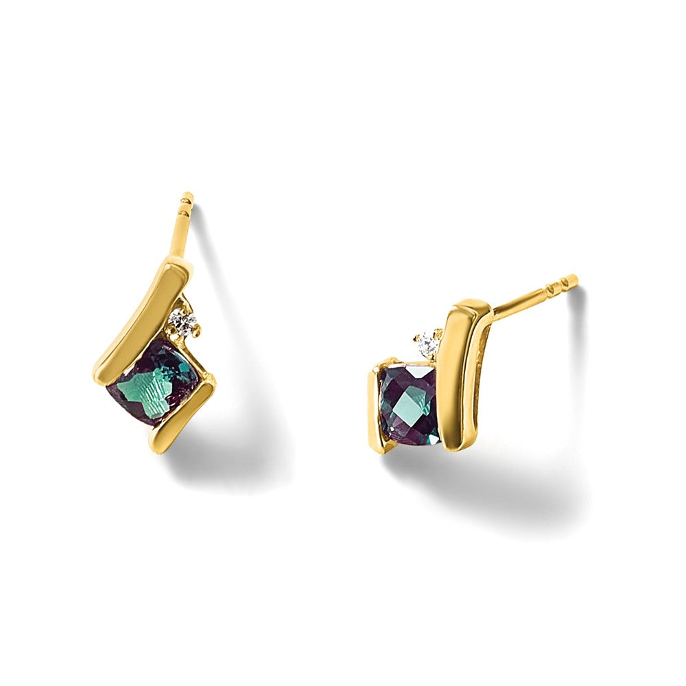 10k Yellow Gold Cushion Cr. Alexandrite and Diamond Earrings