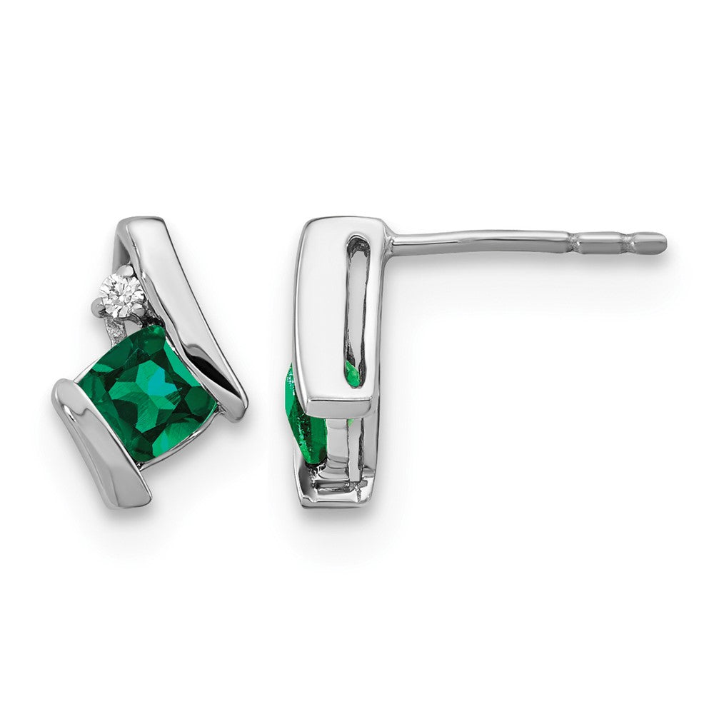 10k White Gold Cushion Cr. Emerald and Diamond Earrings