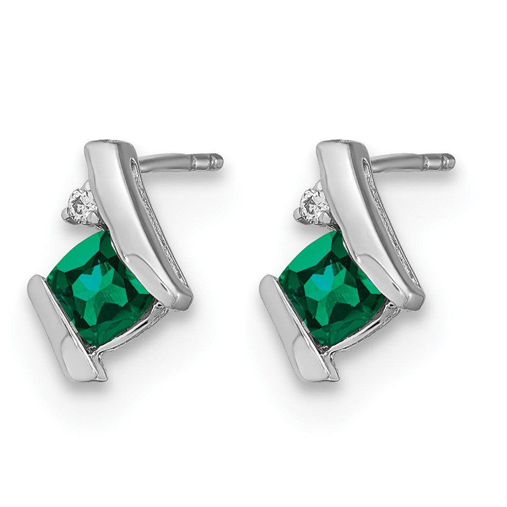 14K White Gold Cushion Cr. Emerald and Diamond Earrings