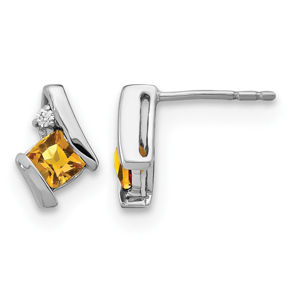 14K White Gold Cushion Citrine and Diamond Earrings