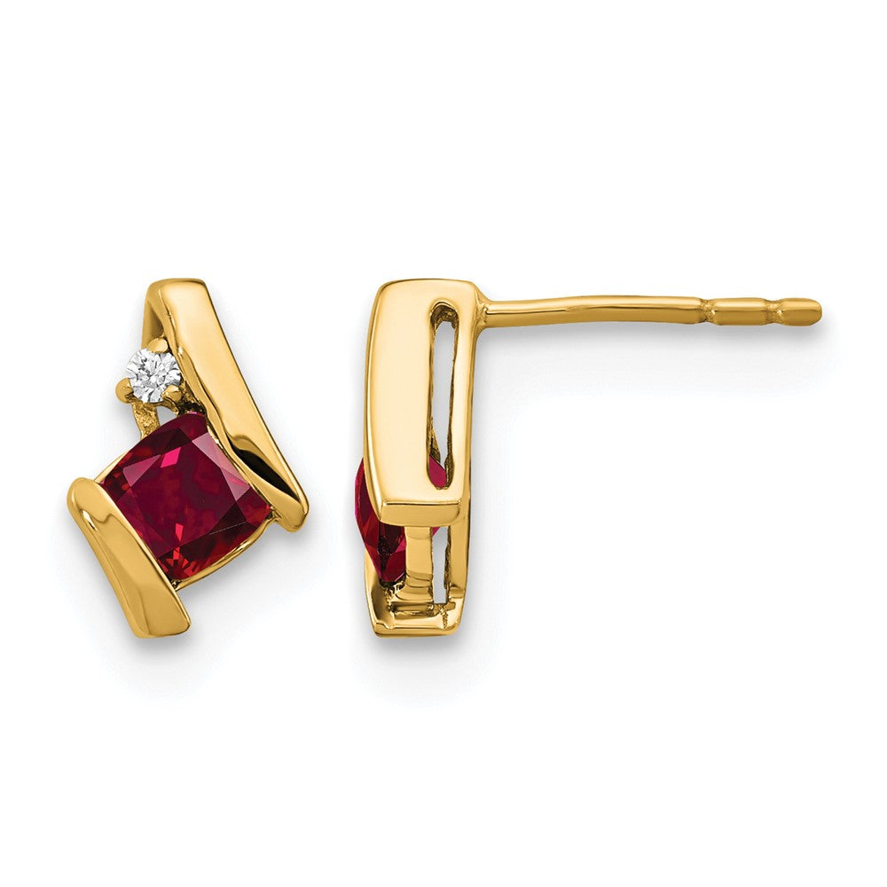 10k Yellow Gold Cushion Cr. Ruby and Diamond Earrings
