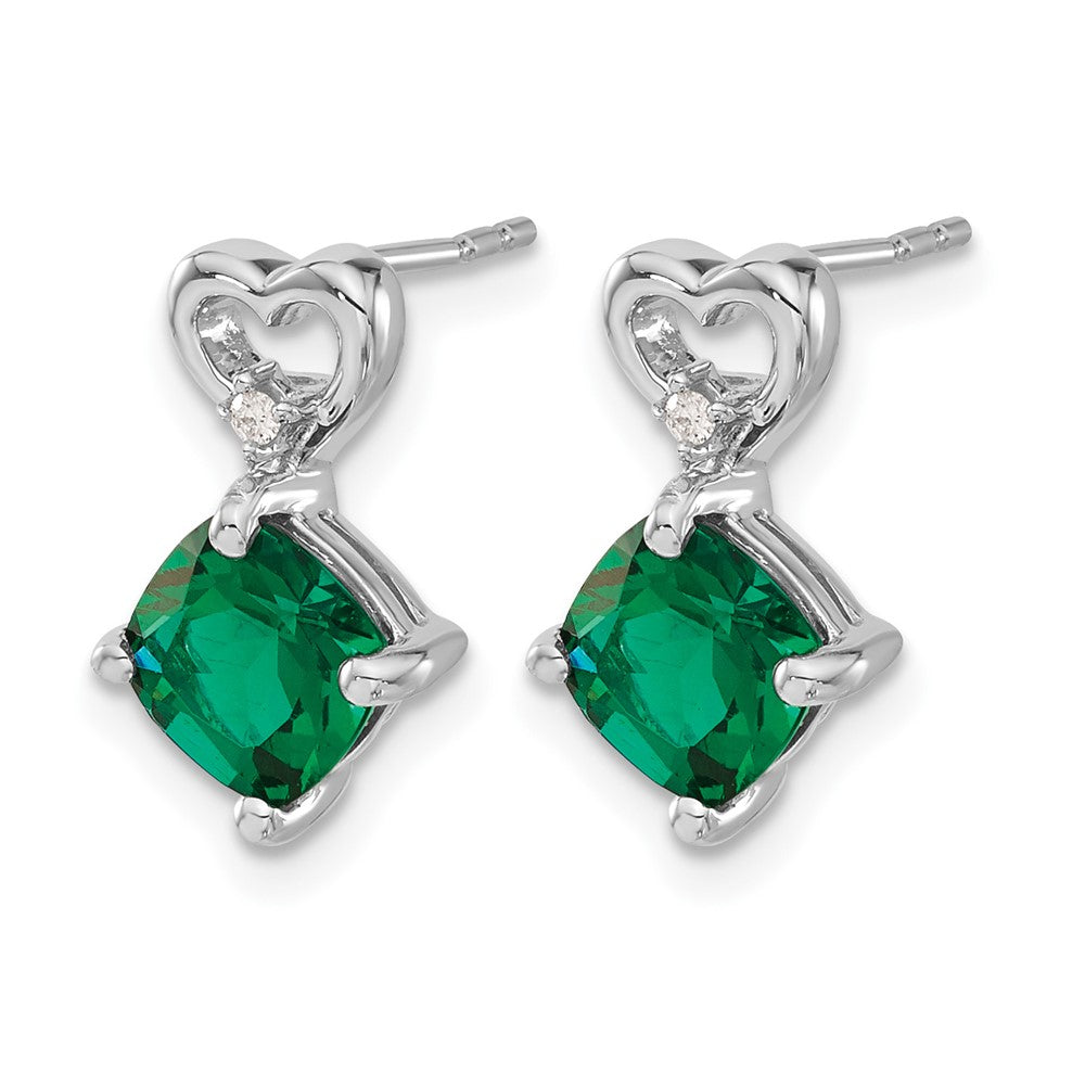 14k White Gold Created Emerald and Diamond Heart Earrings