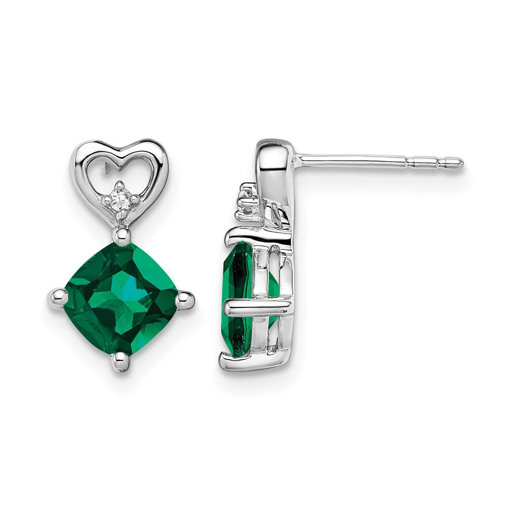 14k White Gold Created Emerald and Diamond Heart Earrings