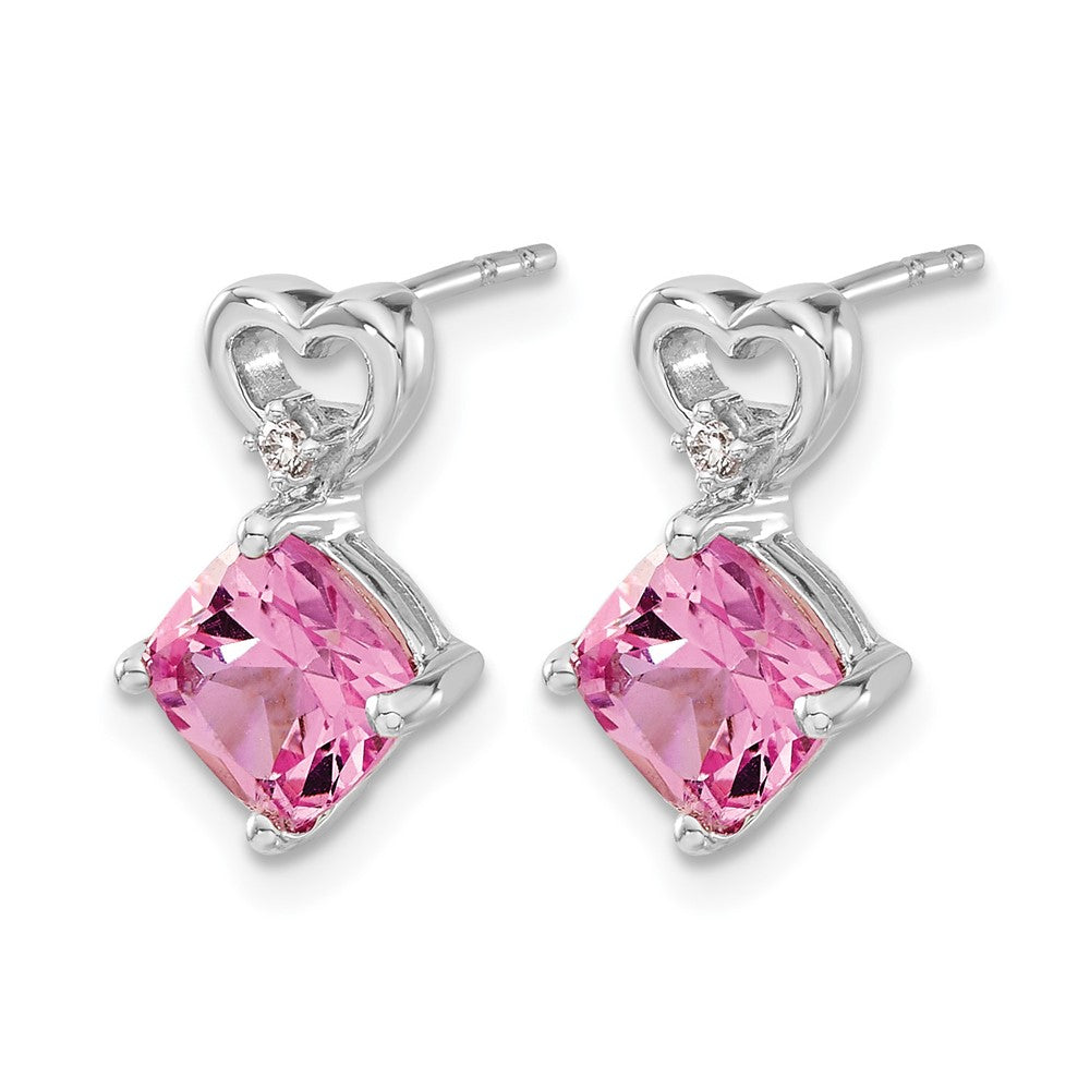 14k White Gold Created Pink Sapphire and Diamond Heart Earrings
