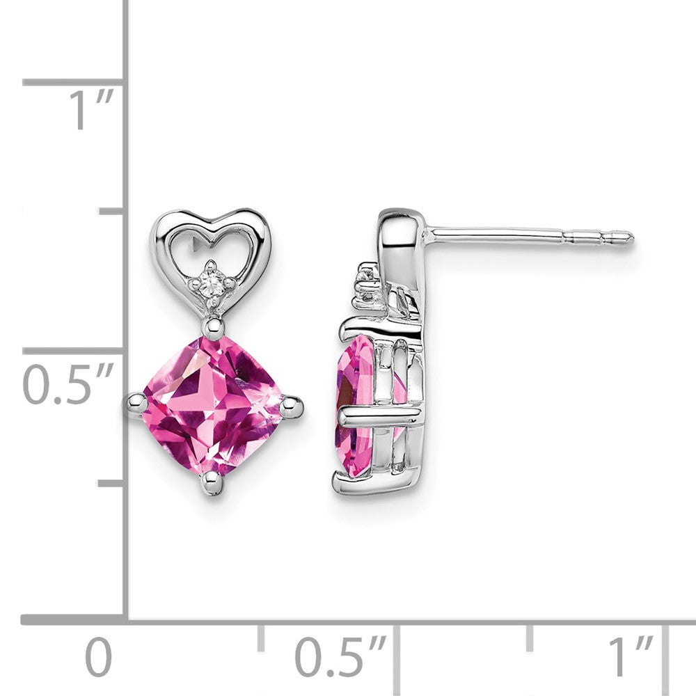 14k White Gold Created Pink Sapphire and Diamond Heart Earrings