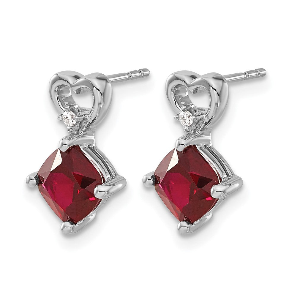 14k White Gold Created Ruby and Diamond Heart Earrings