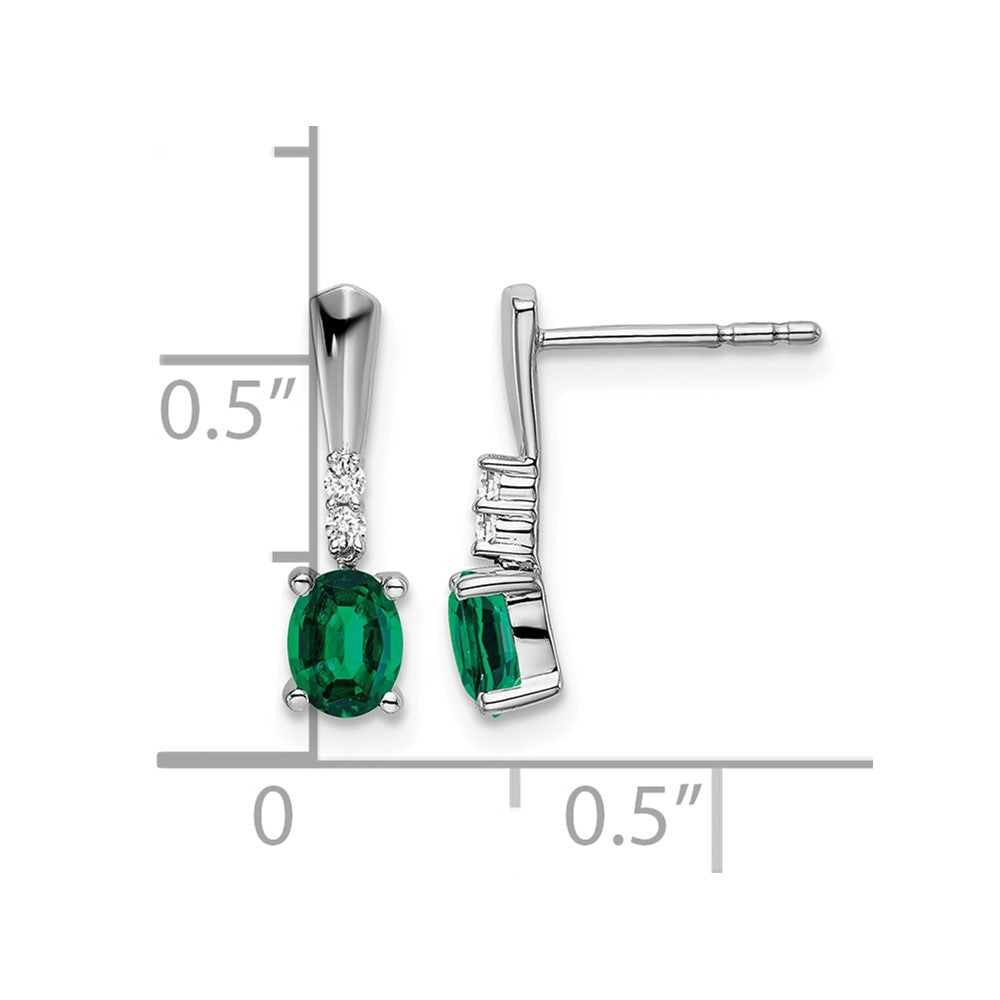 14k White Gold Oval Created Emerald and Diamond Dangle Earrings