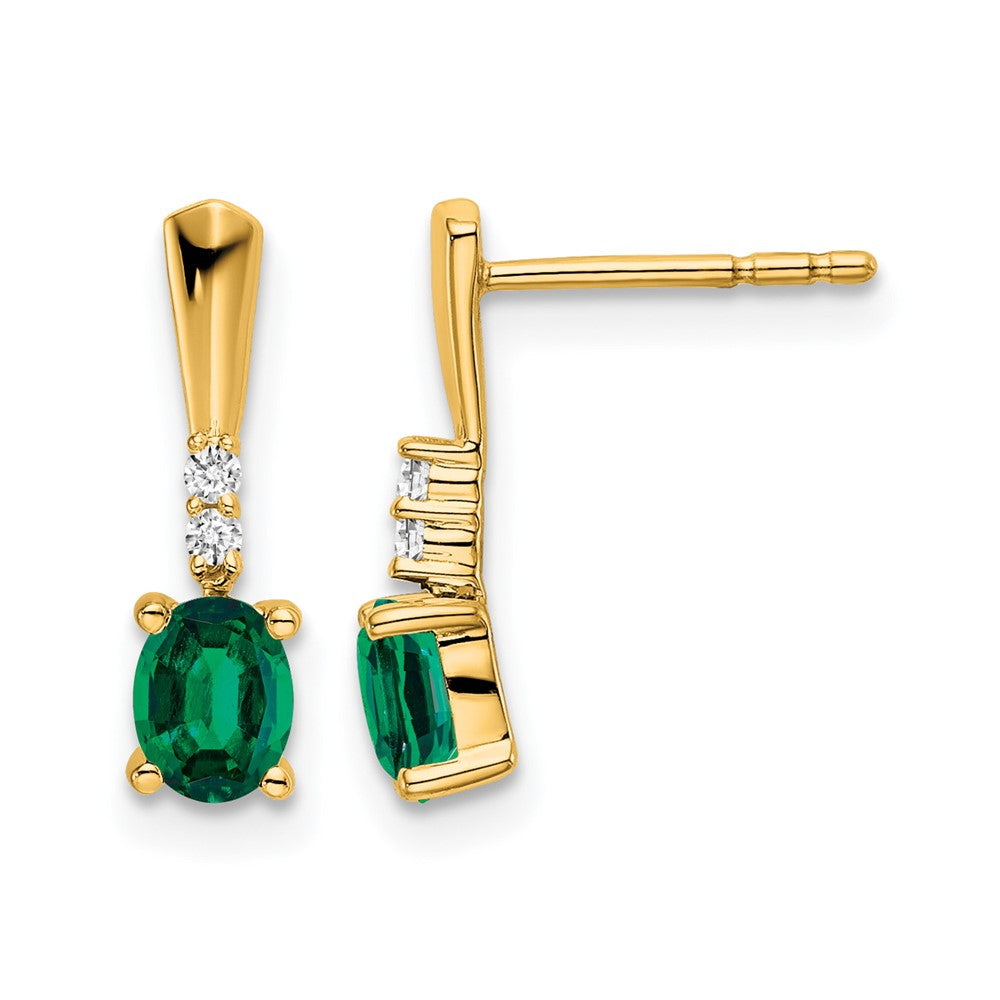 14K Oval Created Emerald and Diamond Dangle Earrings