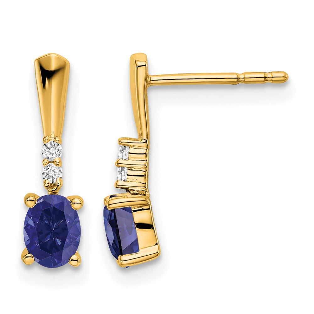 14K Oval Created Sapphire and Diamond Dangle Earrings