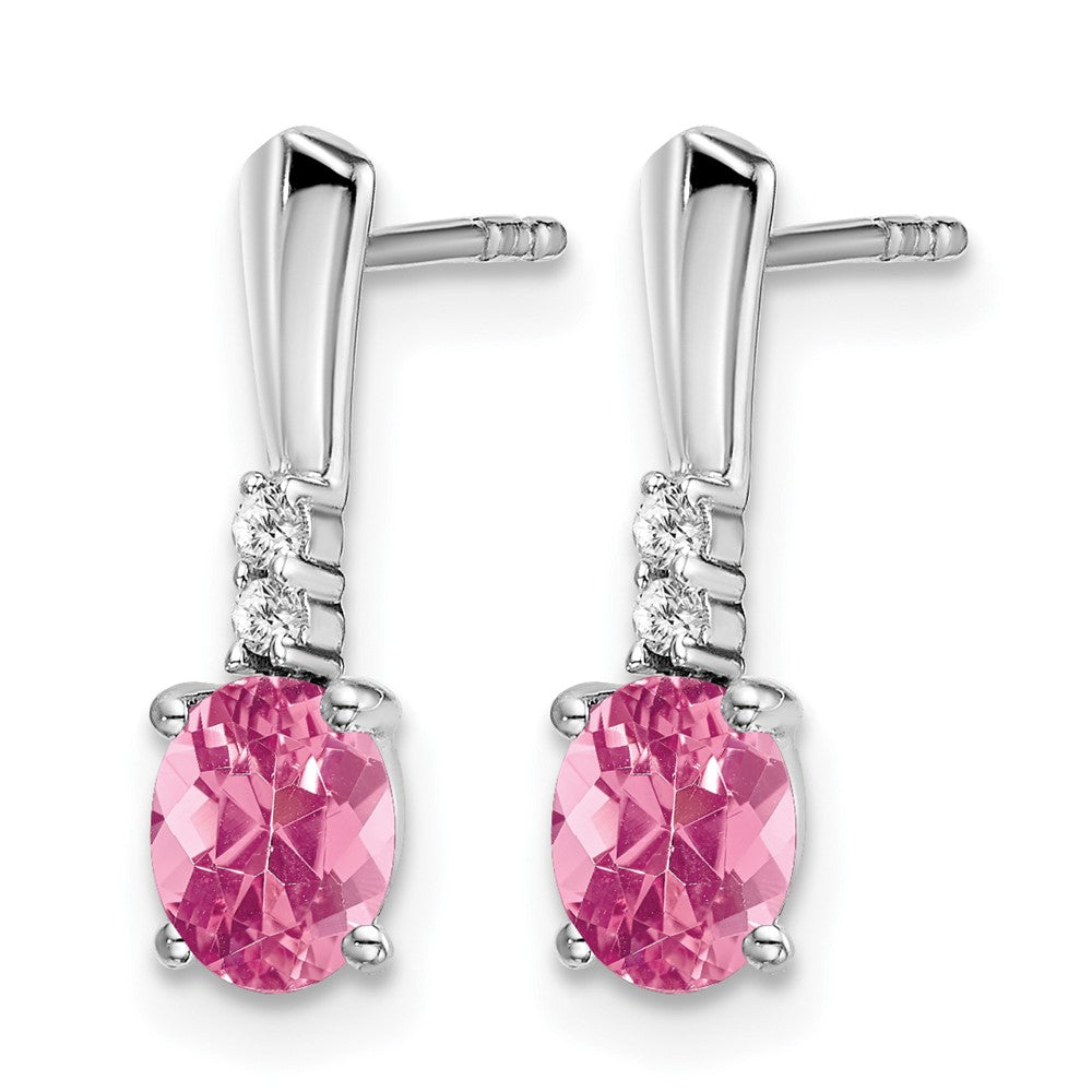 14k White Gold Oval Pink Tourmaline and Diamond Dangle Earrings