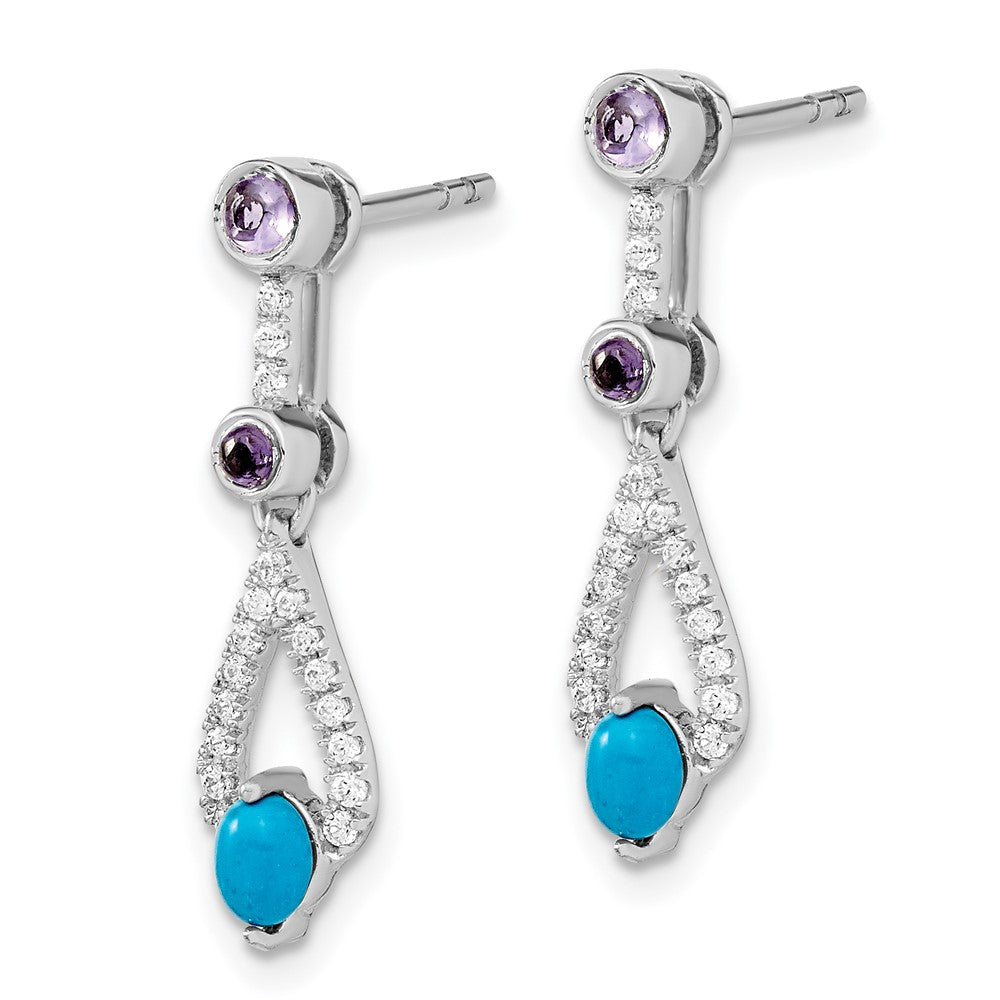 14k White Gold Turquoise/Amethyst/White Topaz Dangle Earrings