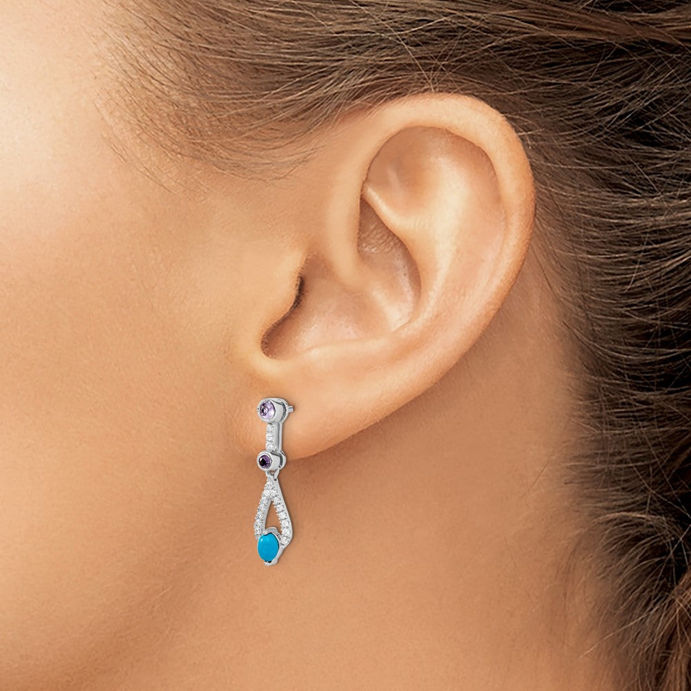 14k White Gold Turquoise/Amethyst/White Topaz Dangle Earrings