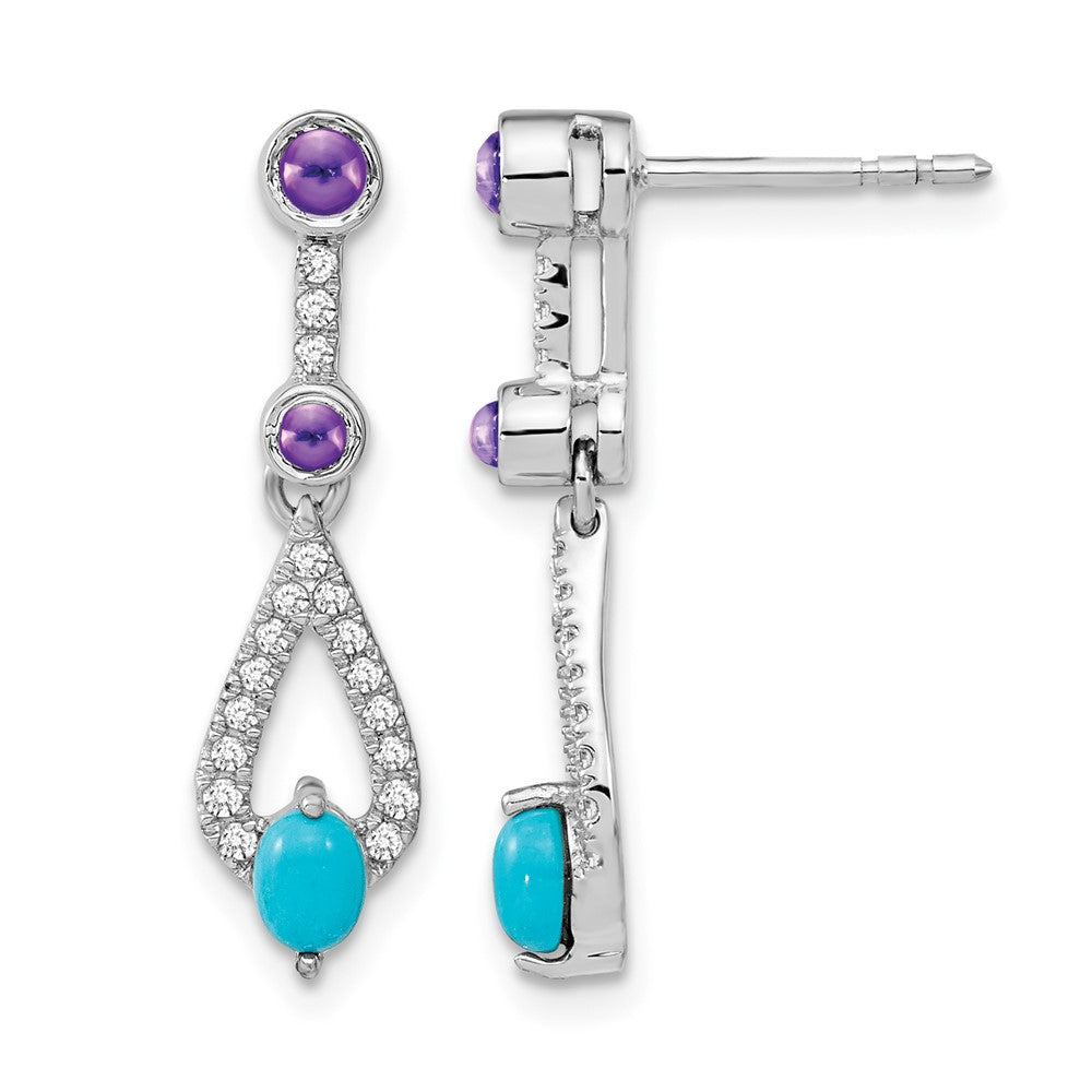 14k White Gold Turquoise/Amethyst/White Topaz Dangle Earrings