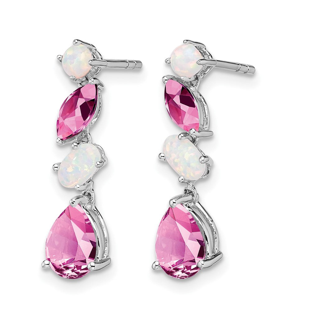 14k White Gold Created Pink Sapphire and Opal Dangle Earrings