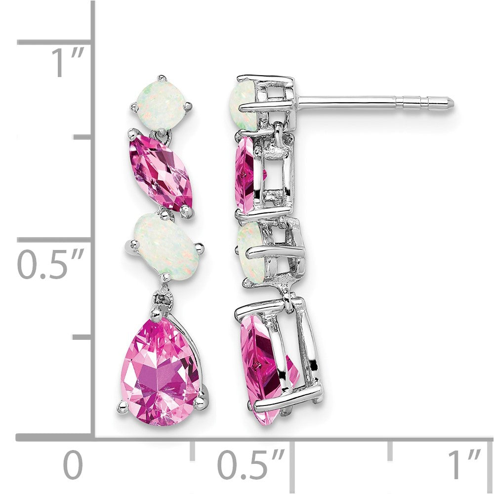 14k White Gold Created Pink Sapphire and Opal Dangle Earrings