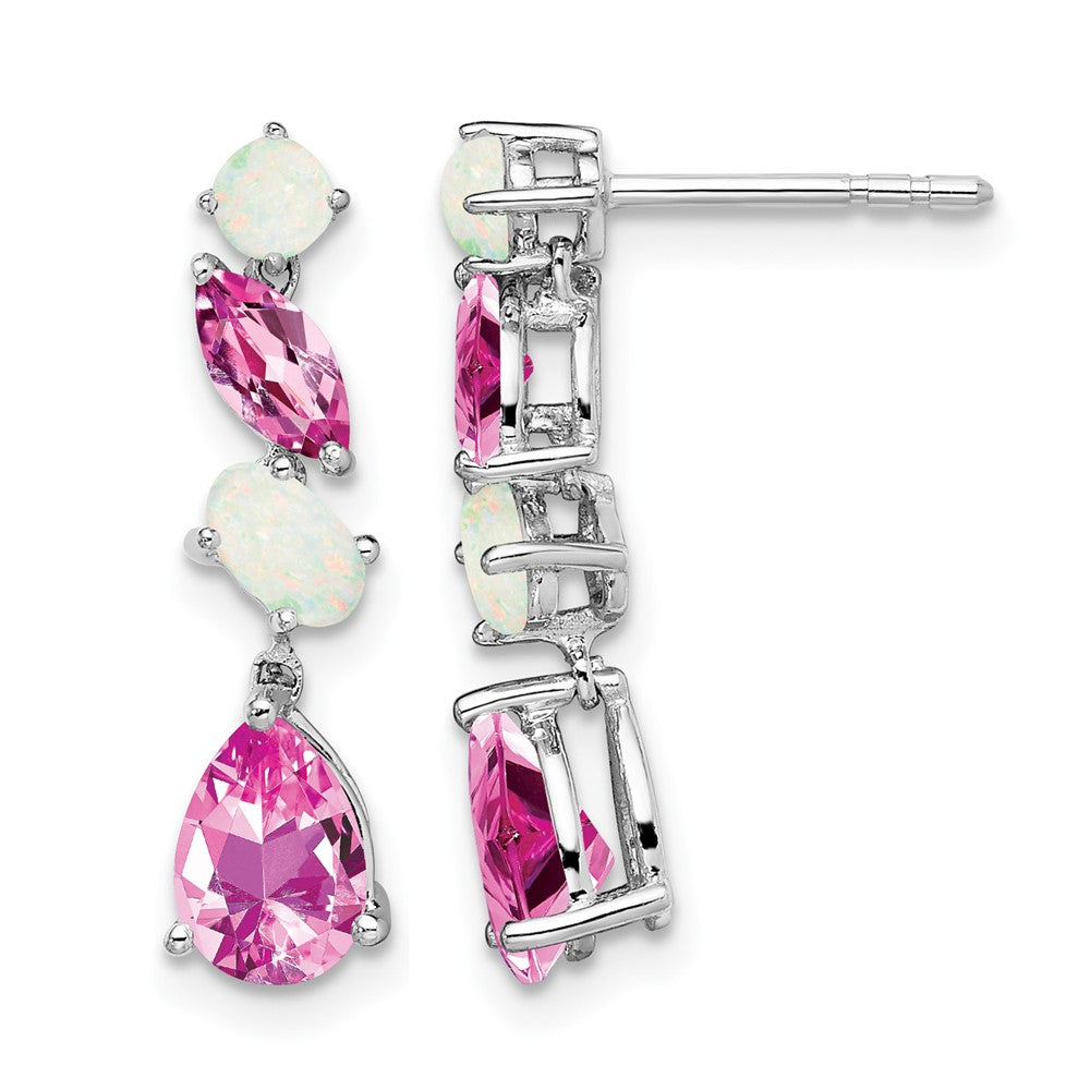 14k White Gold Created Pink Sapphire and Opal Dangle Earrings