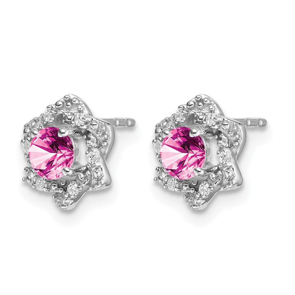 14k White Gold Created Pink Sapphire and Diamond Post Earrings