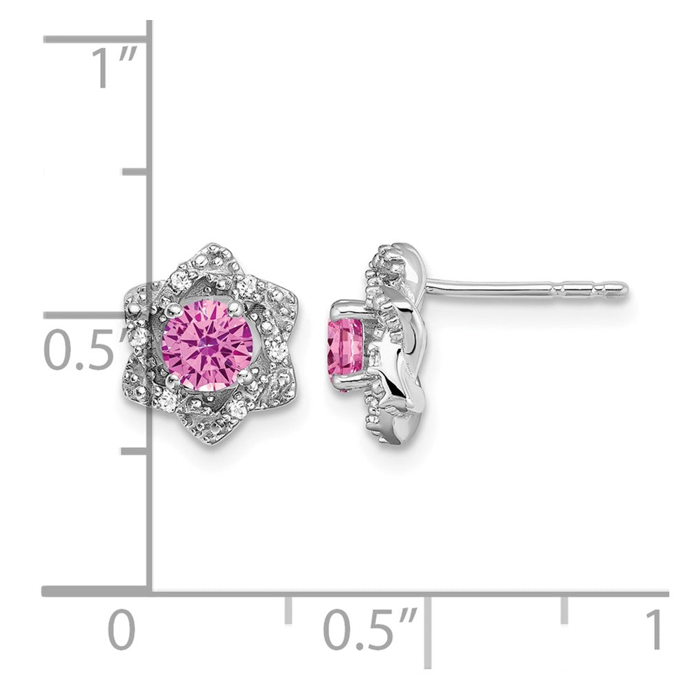 14k White Gold Created Pink Sapphire and Diamond Post Earrings