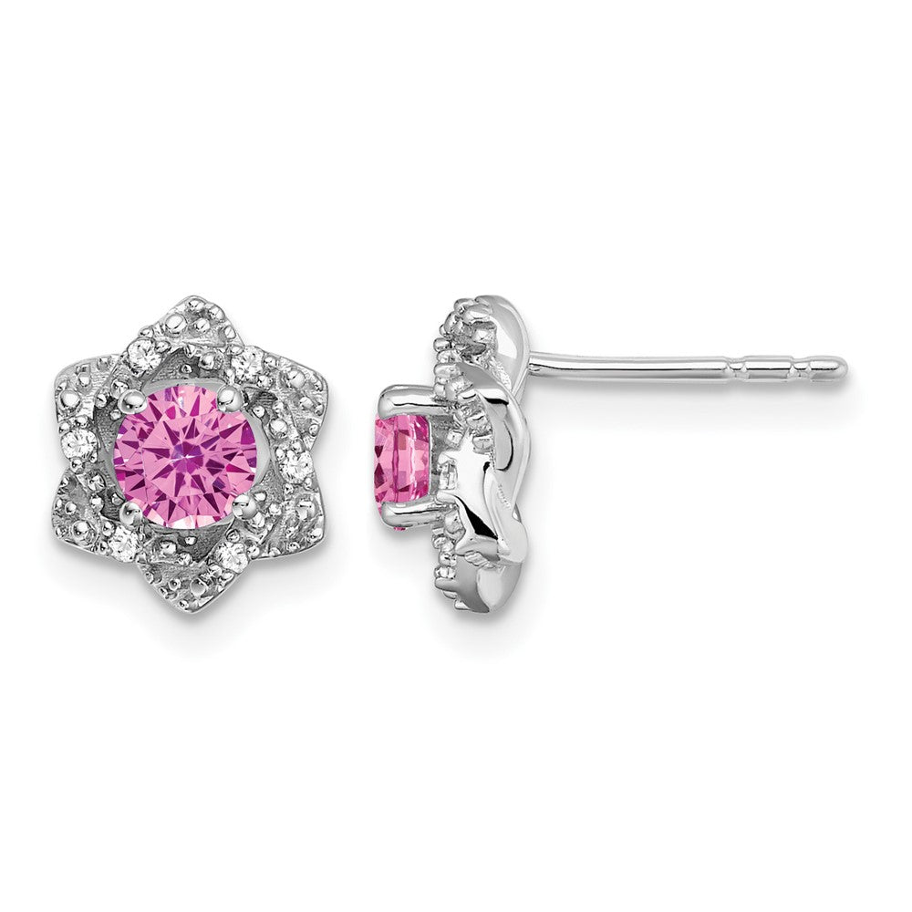 14k White Gold Created Pink Sapphire and Diamond Post Earrings