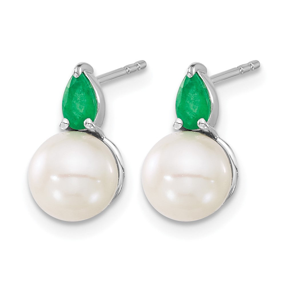 14k White Gold FWC Pearl and Emerald Post Earrings