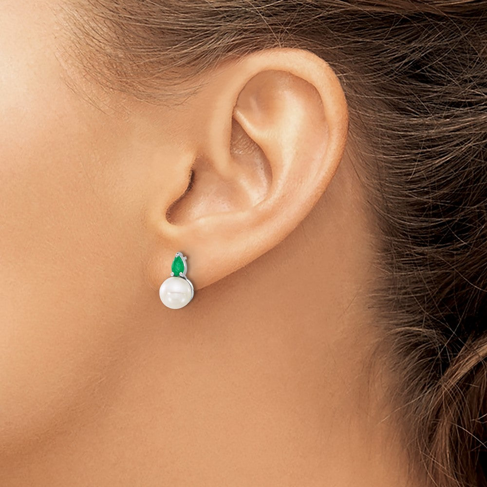 14k White Gold FWC Pearl and Emerald Post Earrings