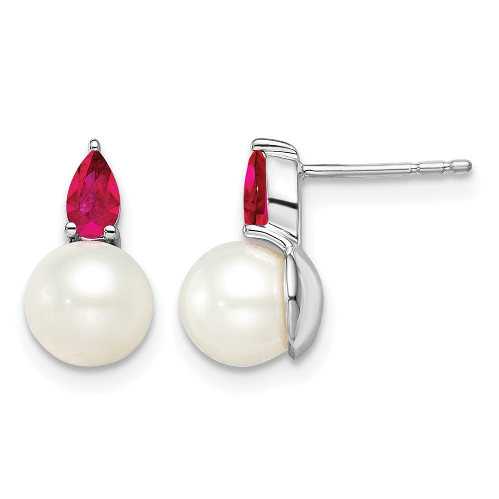 14k White Gold FWC Pearl and Ruby Post Earrings