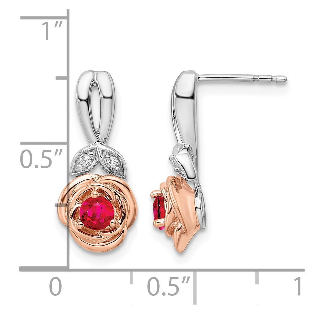 14K Two-tone White & Rose Ruby and Diamond Flower Post Earrings