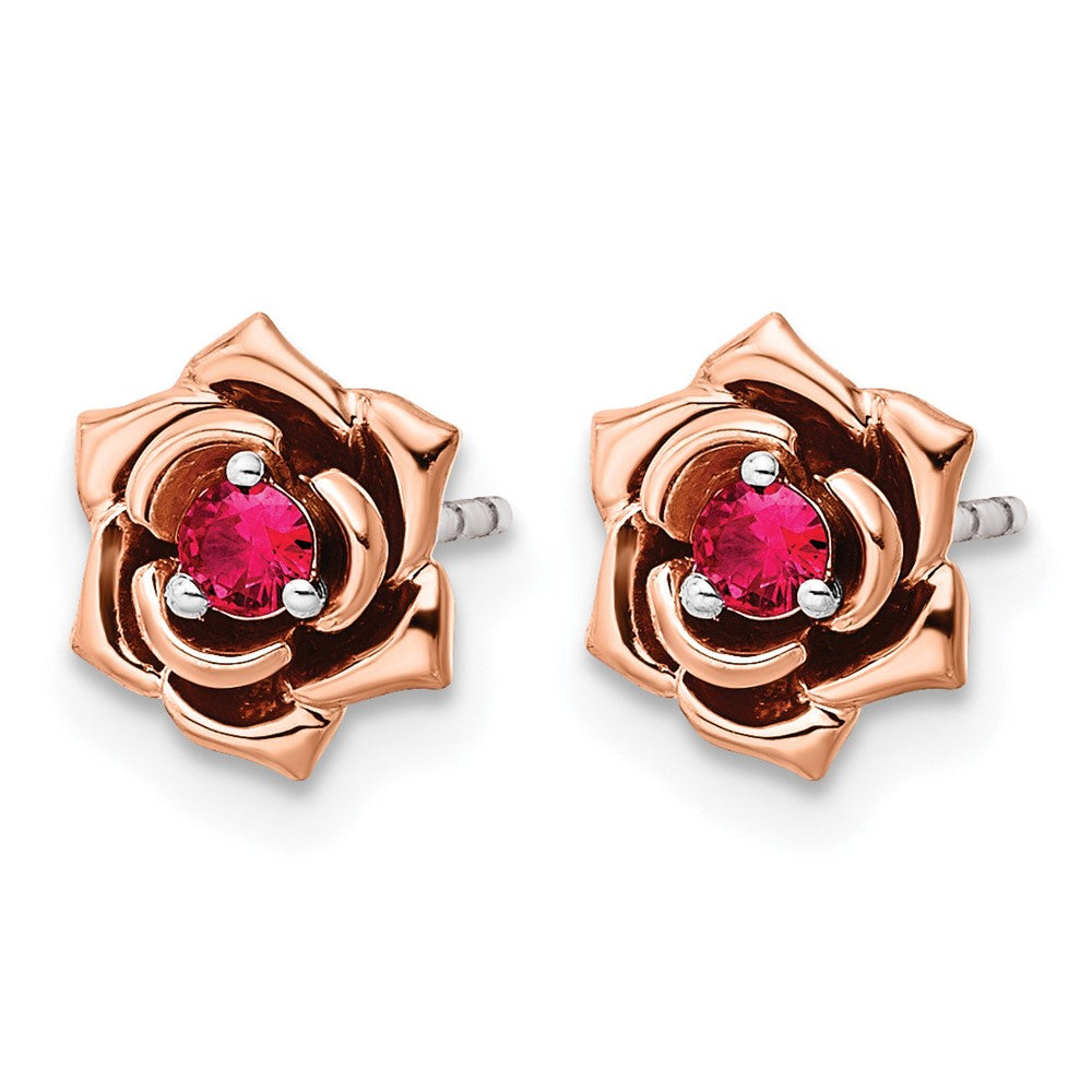 14K Two-tone White & Rose Ruby Flower Post Earrings