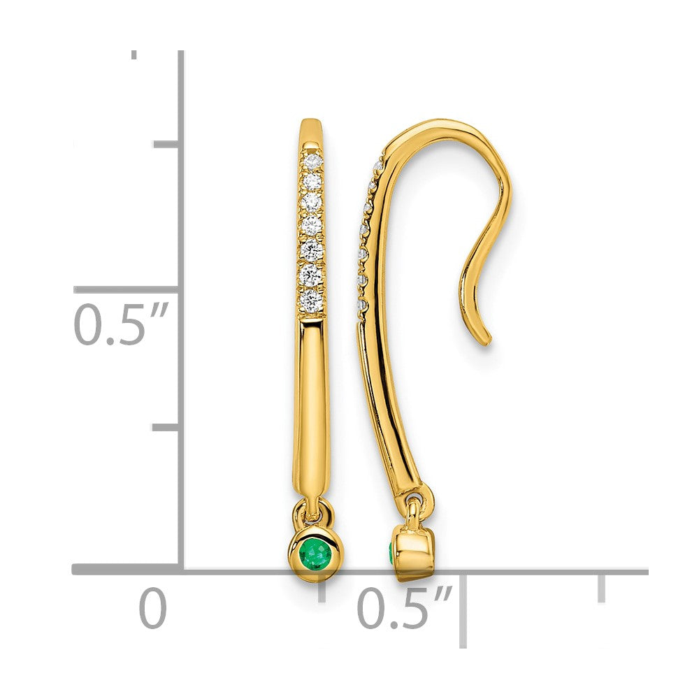 14k Polished Diamond and Emerald Drop Wire Earrings