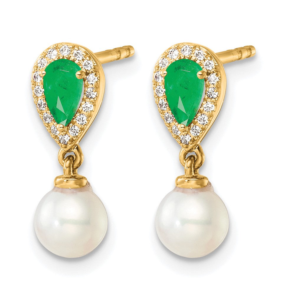 14K Polished Diamond Pearl and Emerald Dangle Post Earrings