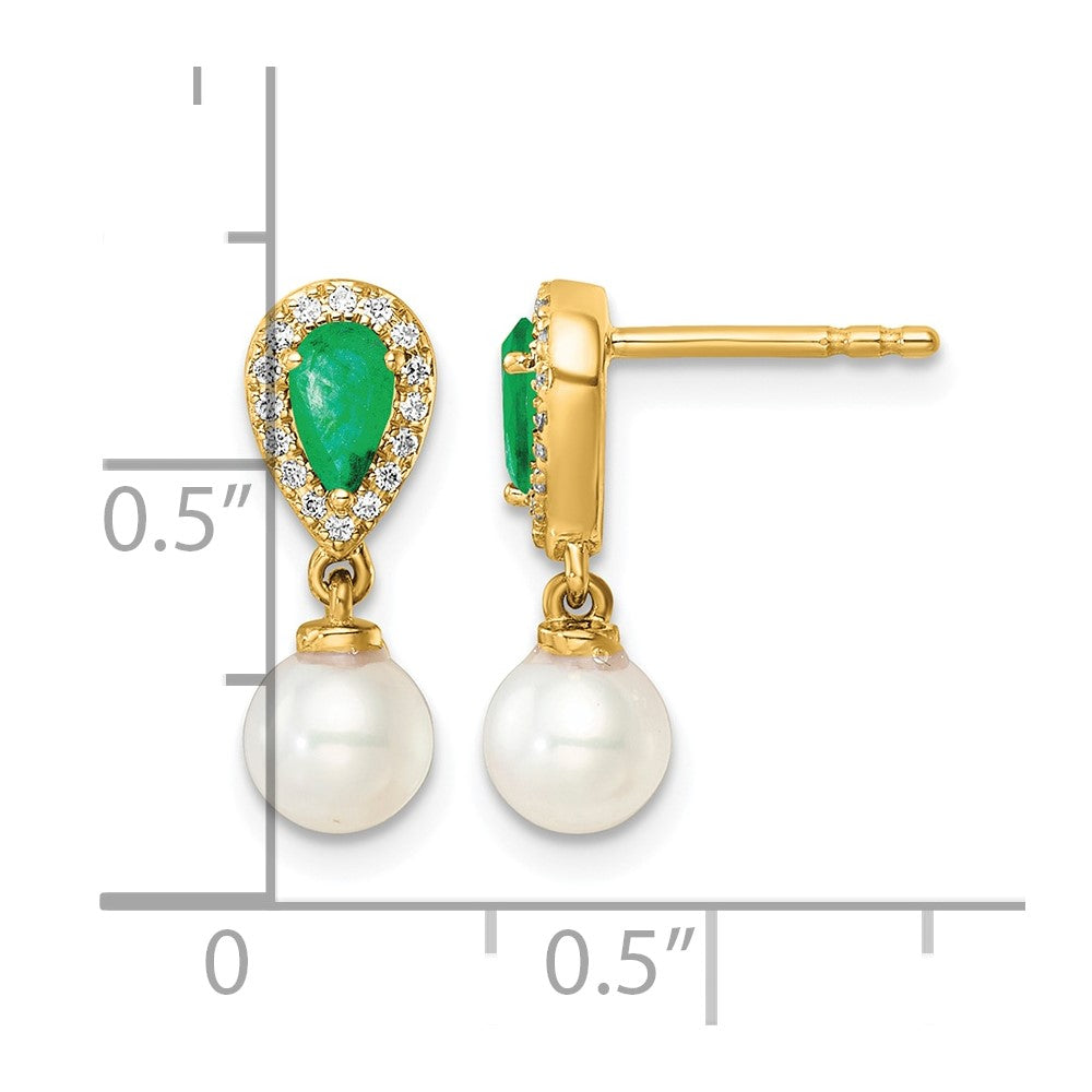 14K Polished Diamond Pearl and Emerald Dangle Post Earrings